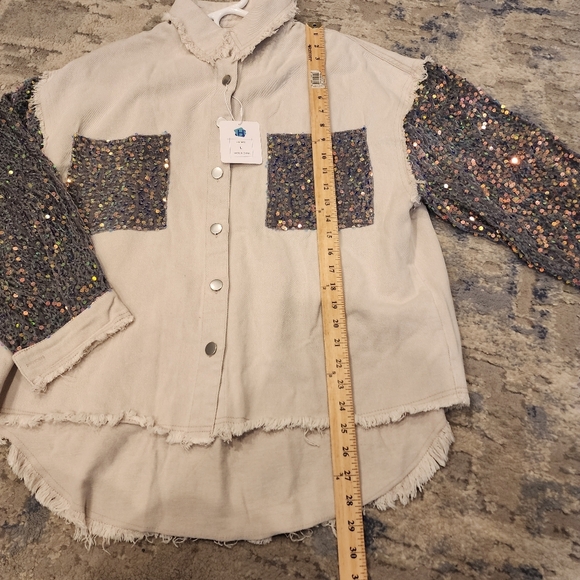 NWT HIMYTHE Beige Oversized Twill Denim Sequin Shacket Sparkle Large - Picture 4 of 17